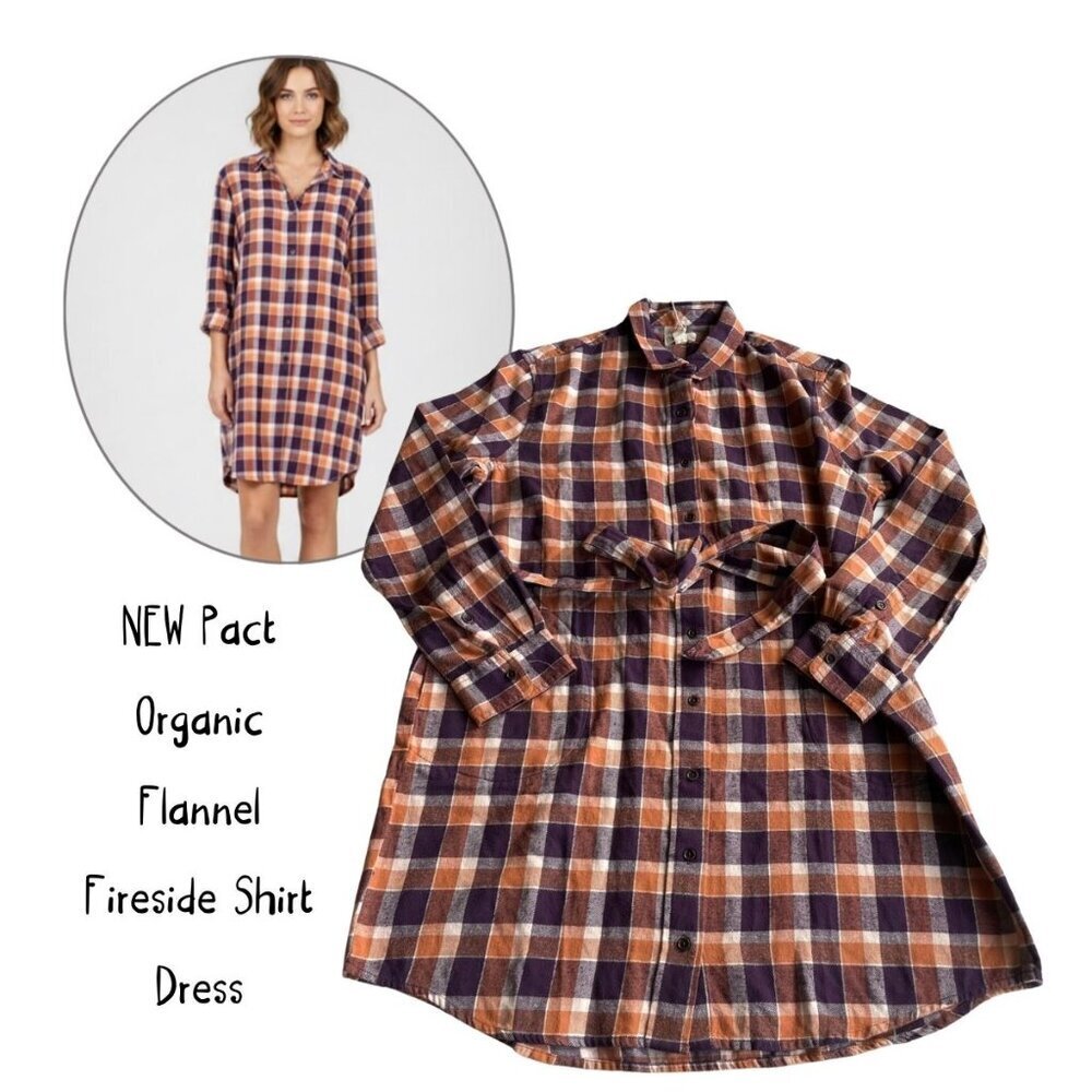 NEW Pact Organic Flannel Fireside Shirt Dress Buffalo Check Currant Size Medium